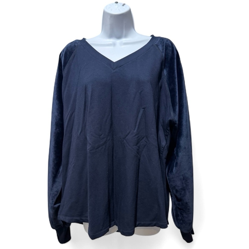 Democracy Navy V-Neck Top Plush Velour Sleeves Size XL